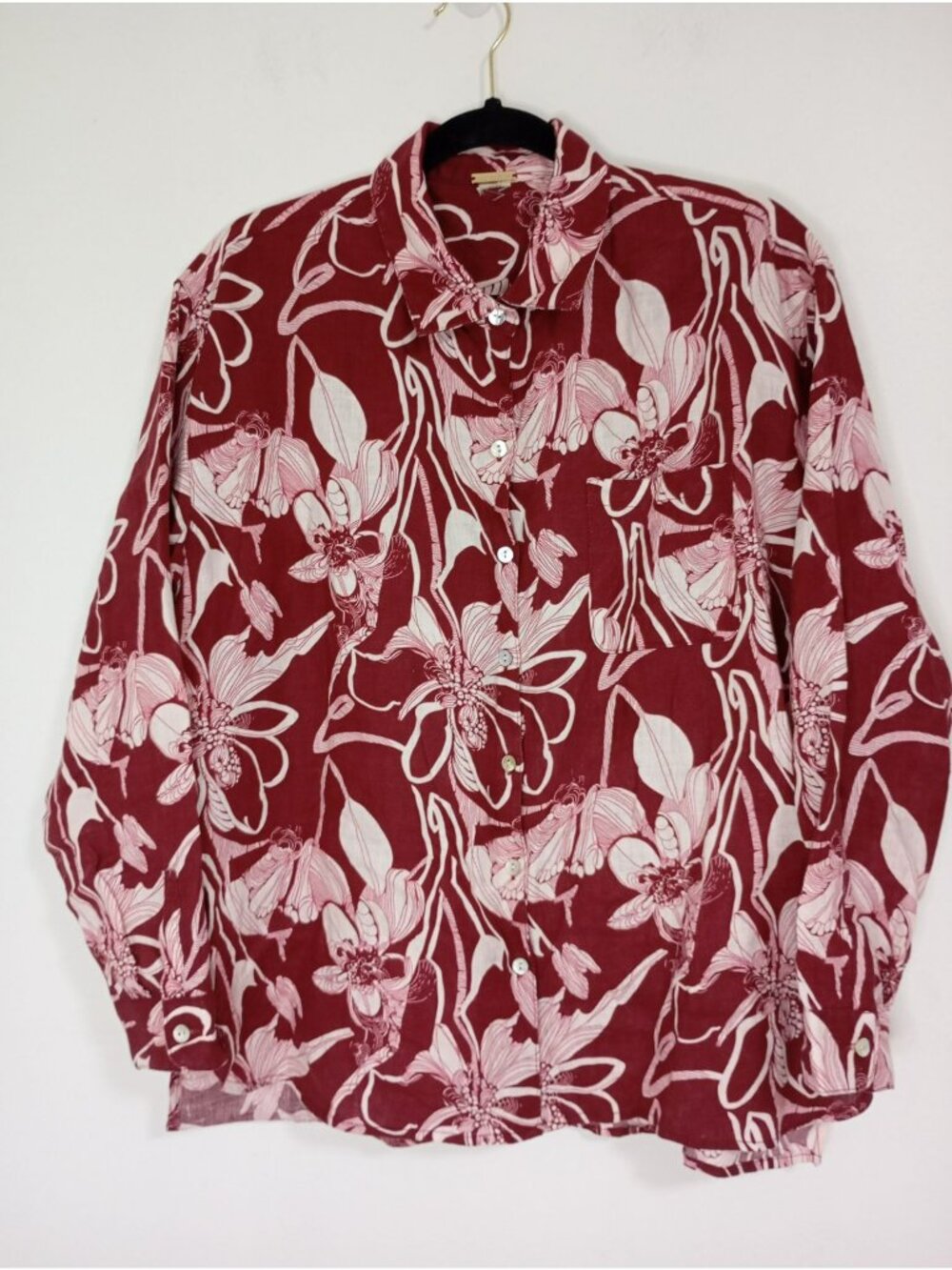 Magaschoni Womens Red & White Floral Button-Up Shirt 100% Linen Size M